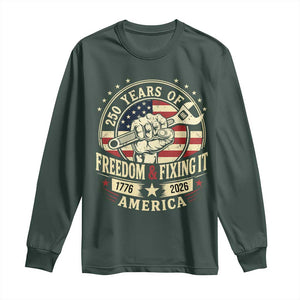USA 250th Anniversary Patriotic Mechanic Long Sleeve Shirt Freedom And Fixing It TS12 Dark Forest Green Print Your Wear
