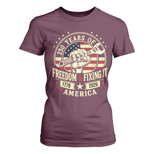 USA 250th Anniversary Patriotic Mechanic T Shirt For Women Freedom And Fixing It TS12 Maroon Print Your Wear
