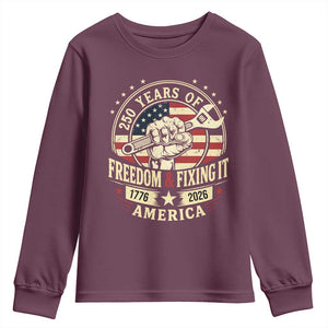 USA 250th Anniversary Patriotic Mechanic Youth Sweatshirt Freedom And Fixing It TS12 Maroon Print Your Wear