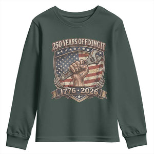 250 Years Of Fixing It Youth Sweatshirt America 250th Anniversary Mechanic TS12 Dark Forest Green Print Your Wear