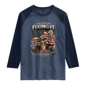250 Years Of Fixing It Mechanic Pride Raglan Shirt America 250 Anniversary Gift TS12 Heather Denim Navy Print Your Wear