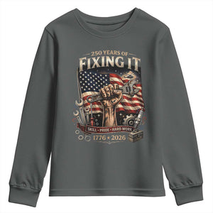 250 Years Of Fixing It Mechanic Pride Youth Sweatshirt America 250 Anniversary Gift TS12 Dark Heather Print Your Wear