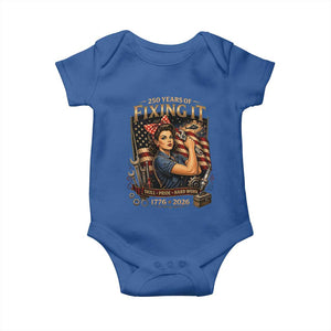 Patriotic Rosie Mechanic Feminist Pride Baby Onesie 250 Years Of Fixing It TS12 Royal Blue Print Your Wear