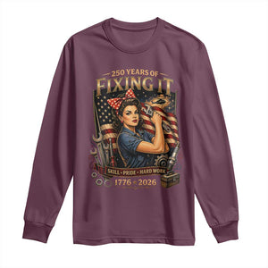 Patriotic Rosie Mechanic Feminist Pride Long Sleeve Shirt 250 Years Of Fixing It TS12 Maroon Print Your Wear