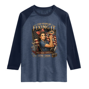 Patriotic Rosie Mechanic Feminist Pride Raglan Shirt 250 Years Of Fixing It TS12 Heather Denim Navy Print Your Wear