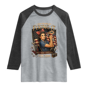 Patriotic Rosie Mechanic Feminist Pride Raglan Shirt 250 Years Of Fixing It TS12 Heather Gray Heather Charcoal Print Your Wear