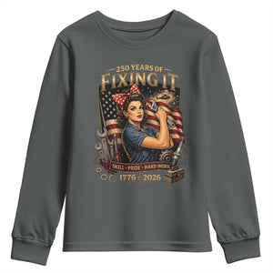 Patriotic Rosie Mechanic Feminist Pride Youth Sweatshirt 250 Years Of Fixing It TS12 Dark Heather Print Your Wear