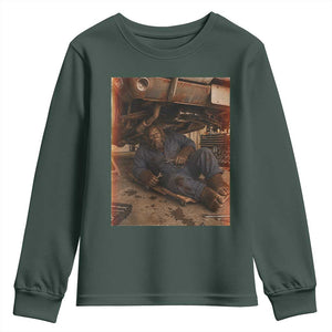 Bigfoot Mechanic Meme Youth Sweatshirt Funny Sasquatch Fixing Cars TS12 Dark Forest Green Print Your Wear