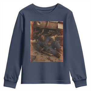 Bigfoot Mechanic Meme Youth Sweatshirt Funny Sasquatch Fixing Cars TS12 Navy Print Your Wear