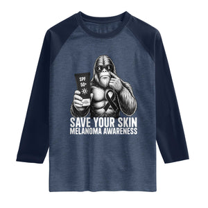 Bigfoot Save Your Skin Raglan Shirt Melanoma Warrior Support TS12 Heather Denim Navy Print Your Wear
