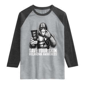 Bigfoot Save Your Skin Raglan Shirt Melanoma Warrior Support TS12 Heather Gray Heather Charcoal Print Your Wear