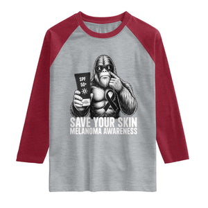 Bigfoot Save Your Skin Raglan Shirt Melanoma Warrior Support TS12 Heather Gray Heather Red Print Your Wear