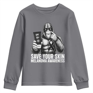 Bigfoot Save Your Skin Youth Sweatshirt Melanoma Warrior Support TS12 Charcoal Print Your Wear