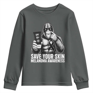 Bigfoot Save Your Skin Youth Sweatshirt Melanoma Warrior Support TS12 Dark Heather Print Your Wear