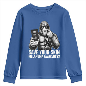 Bigfoot Save Your Skin Youth Sweatshirt Melanoma Warrior Support TS12 Royal Blue Print Your Wear