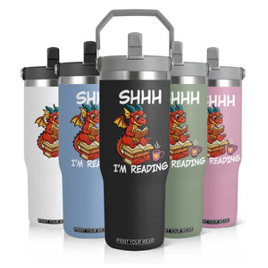Shhh I Am Reading Flip Straw Tumbler Funny Dragon Reading Book TS12 Print Your Wear