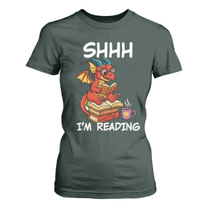 Shhh I Am Reading T Shirt For Women Funny Dragon Reading Book TS12 Dark Forest Green Print Your Wear