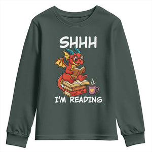 Shhh I Am Reading Youth Sweatshirt Funny Dragon Reading Book TS12 Dark Forest Green Print Your Wear