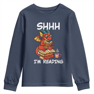 Shhh I Am Reading Youth Sweatshirt Funny Dragon Reading Book TS12 Navy Print Your Wear