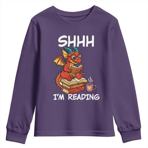 Shhh I Am Reading Youth Sweatshirt Funny Dragon Reading Book TS12 Purple Print Your Wear