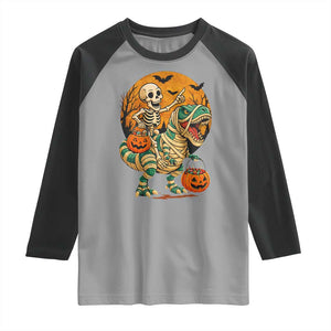 Funny Skeleton Riding Mummy Dinosaur Halloween Raglan Shirt TS12 Sport Gray Black Print Your Wear
