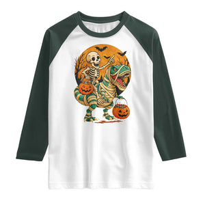 Funny Skeleton Riding Mummy Dinosaur Halloween Raglan Shirt TS12 White Dark Forest Green Print Your Wear