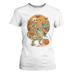 Funny Skeleton Riding Mummy Dinosaur Halloween T Shirt For Women TS12 White Print Your Wear