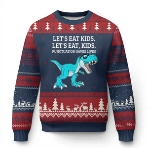Lets Eat Kids Punctuation Saves Lives Ugly Christmas Sweater Dinosaur Funny Grammar TS12 Navy Red Print Your Wear