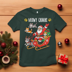 Funny Christmas Cat T Shirt Meowy Catmas Santa Sleigh Xmas TS12 Dark Forest Green Print Your Wear