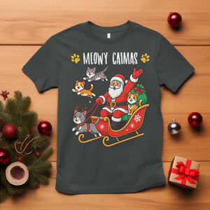 Funny Christmas Cat T Shirt Meowy Catmas Santa Sleigh Xmas TS12 Dark Heather Print Your Wear