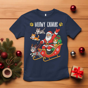 Funny Christmas Cat T Shirt Meowy Catmas Santa Sleigh Xmas TS12 Navy Print Your Wear