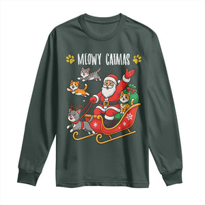 Funny Christmas Cat Long Sleeve Shirt Meowy Catmas Santa Sleigh Xmas TS12 Dark Forest Green Print Your Wear