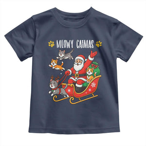 Funny Christmas Cat Toddler T Shirt Meowy Catmas Santa Sleigh Xmas TS12 Navy Print Your Wear