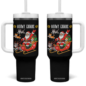 Funny Christmas Cat Tumbler With Handle Meowy Catmas Santa Sleigh Xmas TS12 One Size: 40 oz Black Print Your Wear