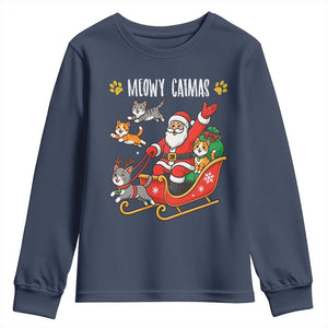 Funny Christmas Cat Youth Sweatshirt Meowy Catmas Santa Sleigh Xmas TS12 Navy Print Your Wear
