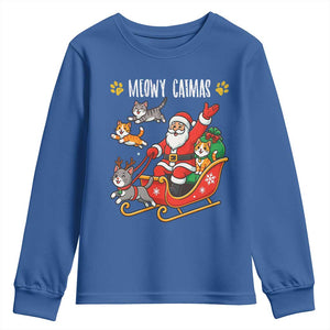 Funny Christmas Cat Youth Sweatshirt Meowy Catmas Santa Sleigh Xmas TS12 Royal Blue Print Your Wear