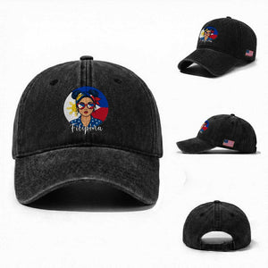 Philippines Girl Filipina Washed Cotton Baseball Cap Flag Filipino Pride TS12 Washed Cap Universal Fit Black Print Your Wear