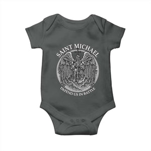 Saint Michael The Archangel Baby Onesie Defend Us In Battle Christian Faith TS12 Dark Heather Print Your Wear