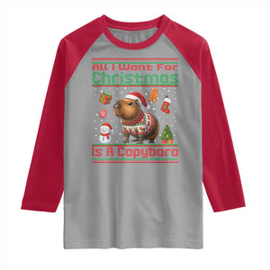 Funny Xmas Raglan Shirt All I Want For Christmas Is A Capybara TS12 Sport Gray Red Print Your Wear