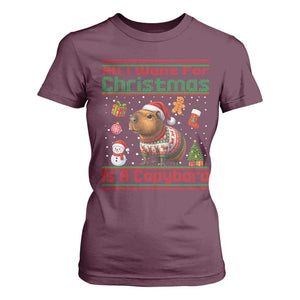 Funny Xmas T Shirt For Women All I Want For Christmas Is A Capybara TS12 Maroon Print Your Wear