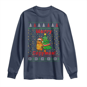Funny Merry Capymas Long Sleeve Shirt Capybara Christmas Party TS12 Navy Print Your Wear