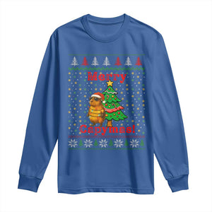 Funny Merry Capymas Long Sleeve Shirt Capybara Christmas Party TS12 Royal Blue Print Your Wear