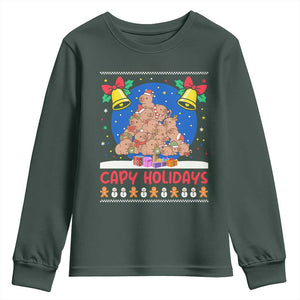 Capybara Christmas Tree Youth Sweatshirt Funny Capy Holidays Gift TS12 Dark Forest Green Print Your Wear