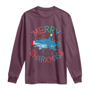 Christmas Shark Long Sleeve Shirt Funny Merry Sharkmas Xmas Gift TS12 Maroon Print Your Wear
