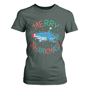 Christmas Shark T Shirt For Women Funny Merry Sharkmas Xmas Gift TS12 Dark Forest Green Print Your Wear