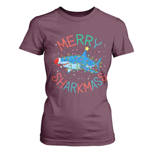 Christmas Shark T Shirt For Women Funny Merry Sharkmas Xmas Gift TS12 Maroon Print Your Wear