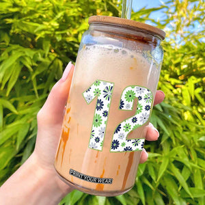 Floral Green Blue Game Day Glass Can Number 12 Sports Fan