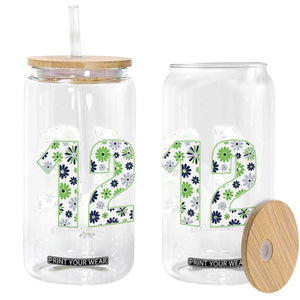 Floral Green Blue Game Day Glass Can Number 12 Sports Fan