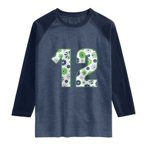 Floral Green Blue Game Day Raglan Shirt Number 12 Sports Fan