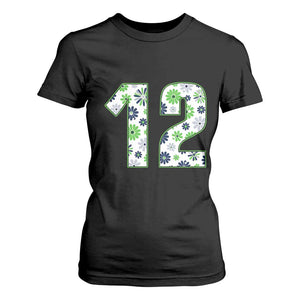 Floral Green Blue Game Day T Shirt For Women Number 12 Sports Fan